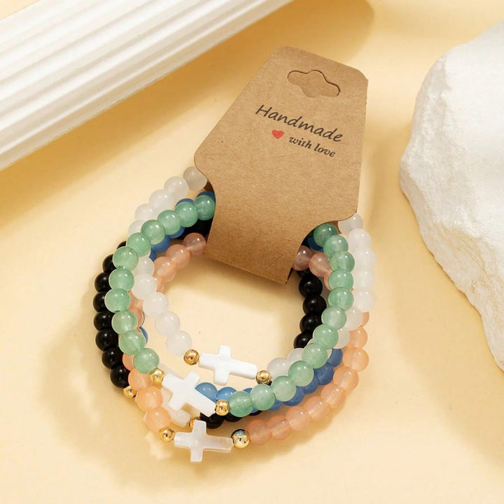 Christianartworkshop Conjunto de pulseras multicapa con cruz, cristales facetados, minerales mate y cuentas redondas lisas. - image 2