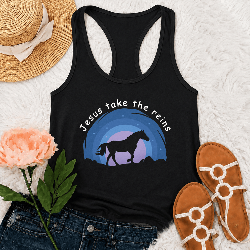 Christianartworkshop Camiseta sin mangas estilo racerback con estampado de vaquera, caballo salvaje y Jesús tomando las riendas. - Negro - 2XL - image 3