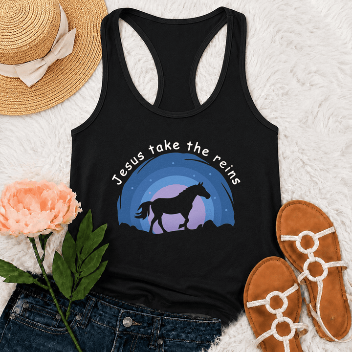 Christianartworkshop Camiseta sin mangas estilo racerback con estampado de vaquera, caballo salvaje y Jesús tomando las riendas. - Negro - 2XL - image 3