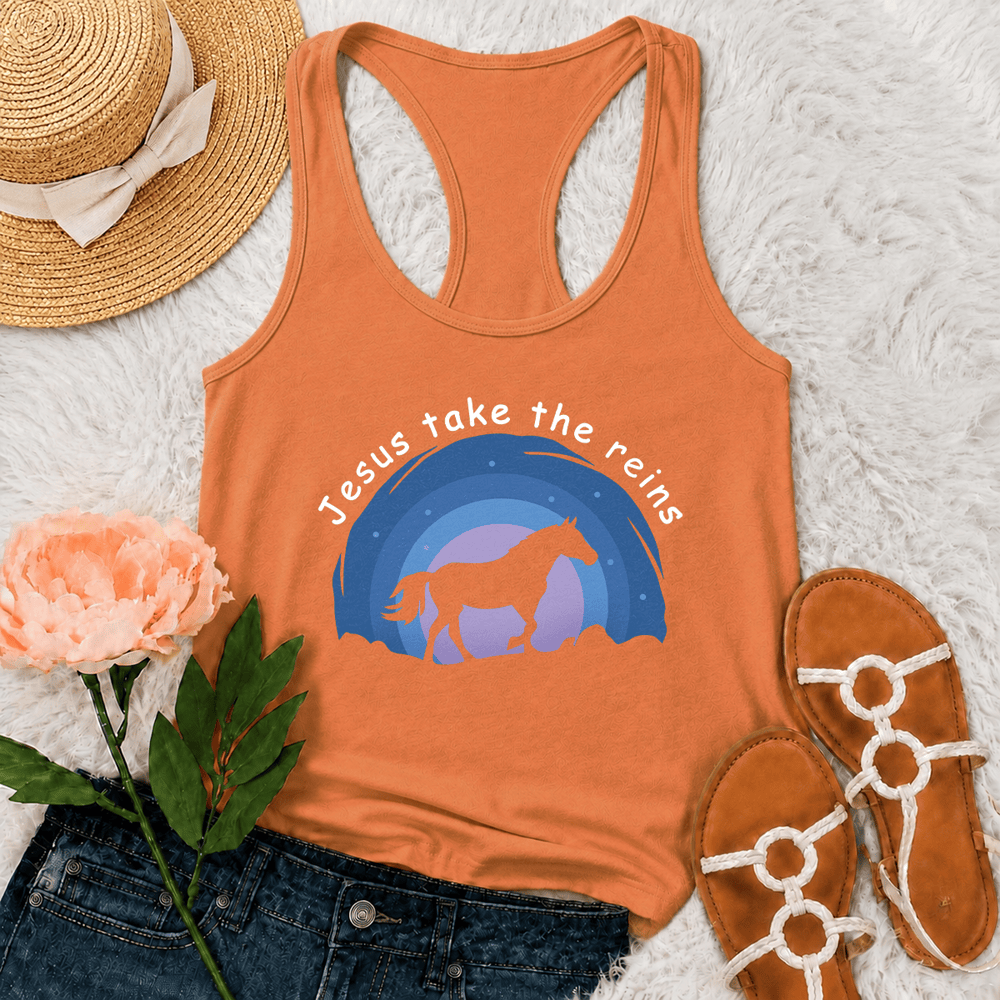 Christianartworkshop Camiseta sin mangas estilo racerback con estampado de vaquera, caballo salvaje y Jesús tomando las riendas. - Naranja - 2XL - image 27