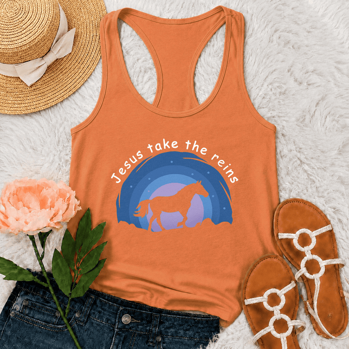 Christianartworkshop Camiseta sin mangas estilo racerback con estampado de vaquera, caballo salvaje y Jesús tomando las riendas. - Naranja - 2XL - image 27