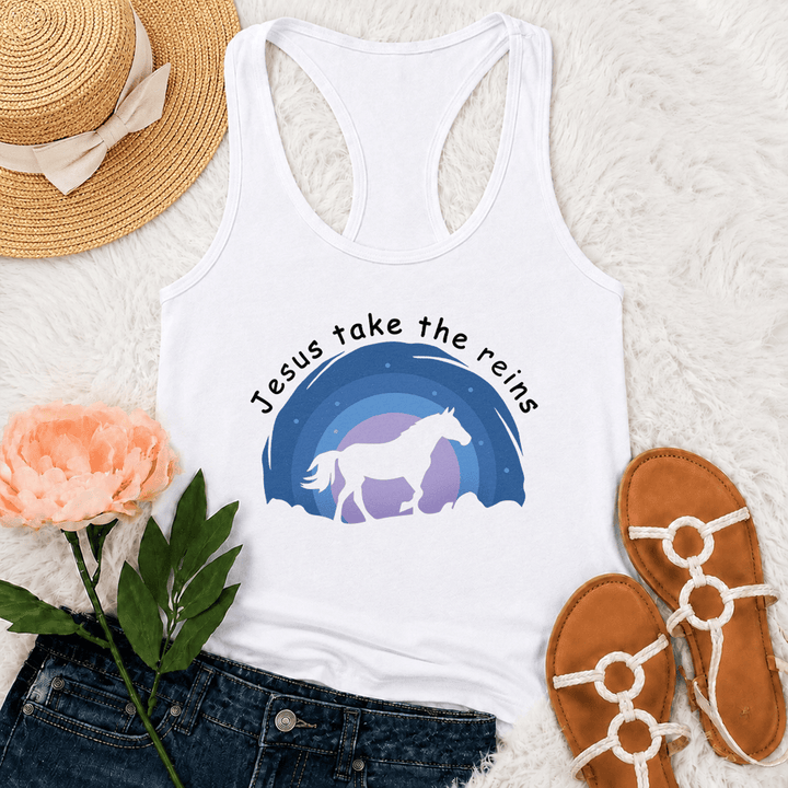 Christianartworkshop Camiseta sin mangas estilo racerback con estampado de vaquera, caballo salvaje y Jesús tomando las riendas. - image 7