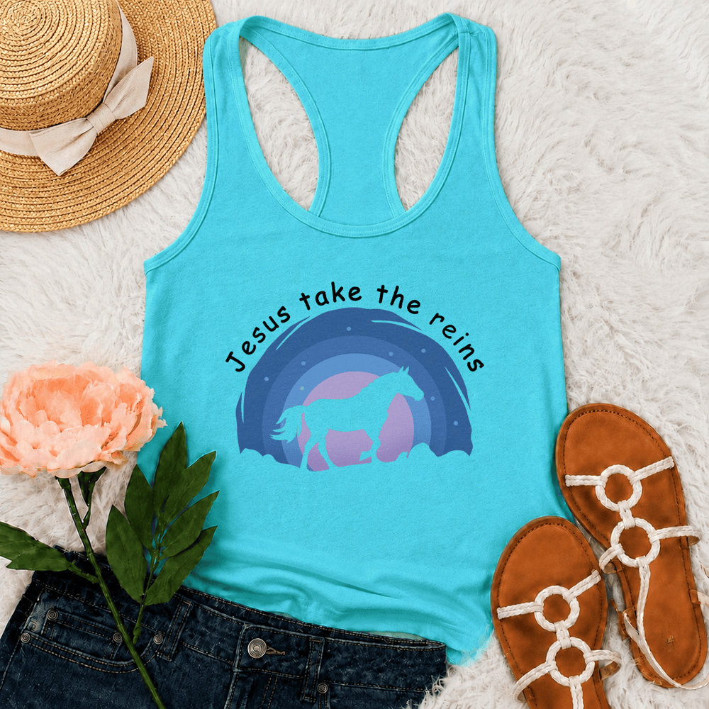 Christianartworkshop Camiseta sin mangas estilo racerback con estampado de vaquera, caballo salvaje y Jesús tomando las riendas. - Menta - 2XL - image 12