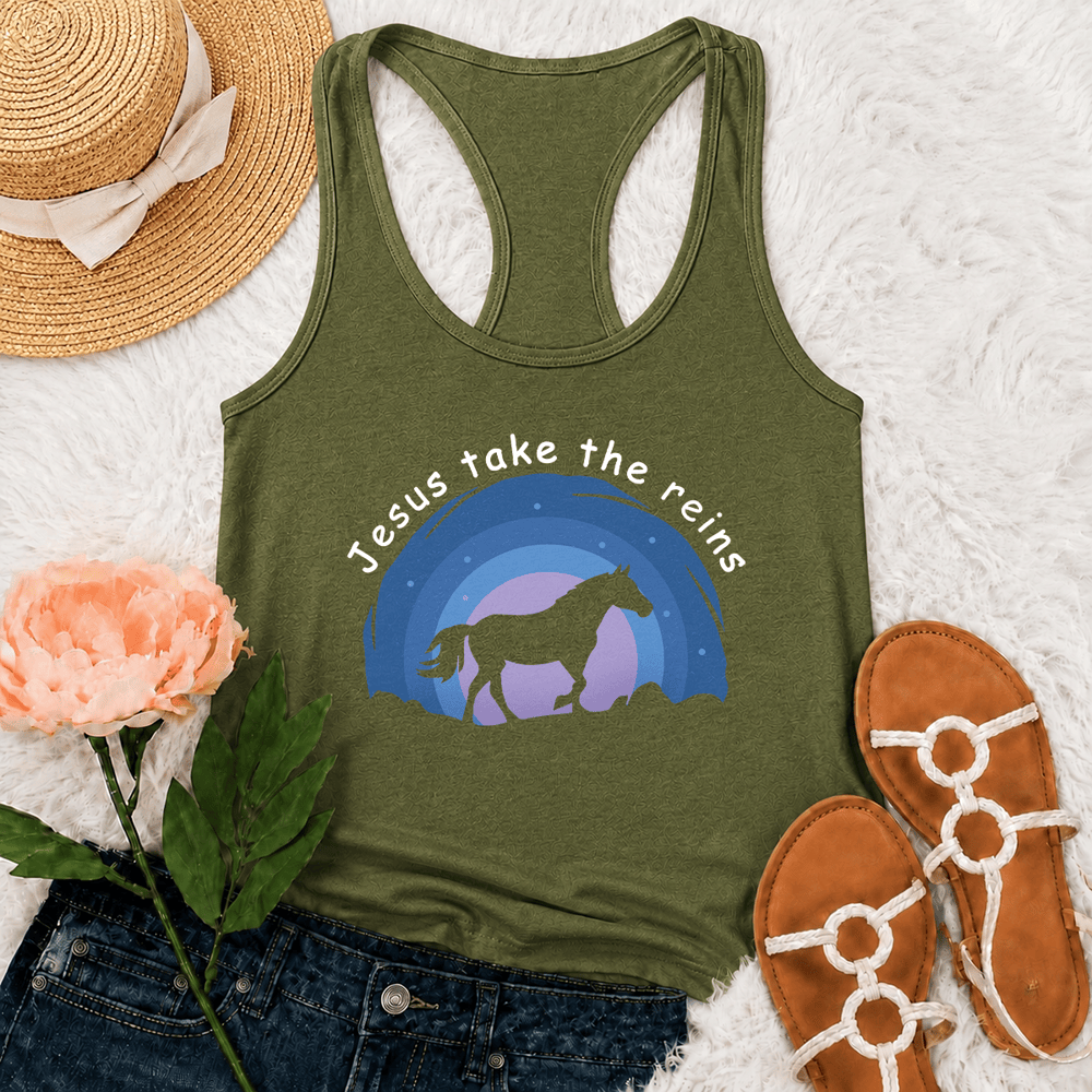 Christianartworkshop Camiseta sin mangas estilo racerback con estampado de vaquera, caballo salvaje y Jesús tomando las riendas. - Verde militar - 2XL - image 21
