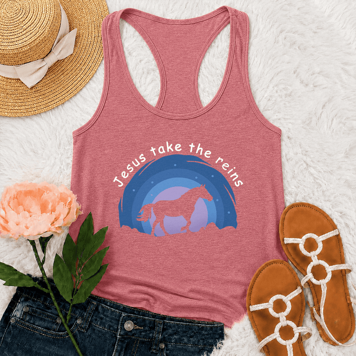 Christianartworkshop Camiseta sin mangas estilo racerback con estampado de vaquera, caballo salvaje y Jesús tomando las riendas. - Rosa - 2XL - image 24