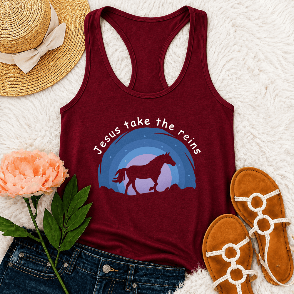 Christianartworkshop Camiseta sin mangas estilo racerback con estampado de vaquera, caballo salvaje y Jesús tomando las riendas. - Vino - 2XL - image 0