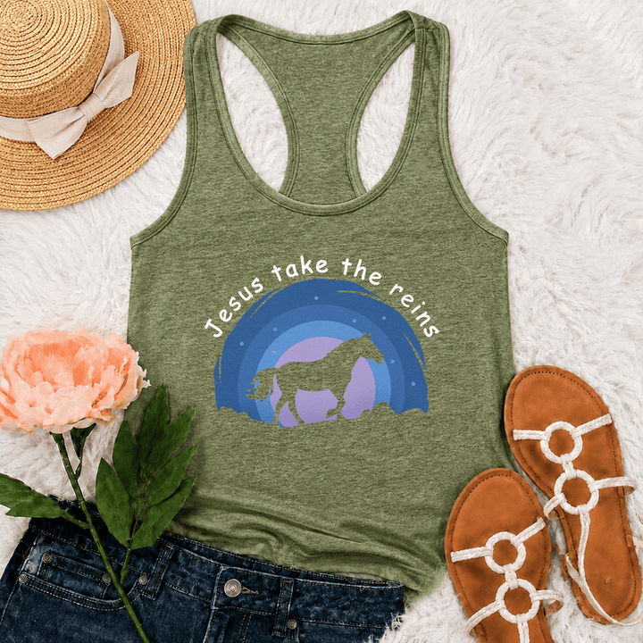 Christianartworkshop Camiseta sin mangas estilo racerback con estampado de vaquera, caballo salvaje y Jesús tomando las riendas. - Verde oliva - 2XL - image 18
