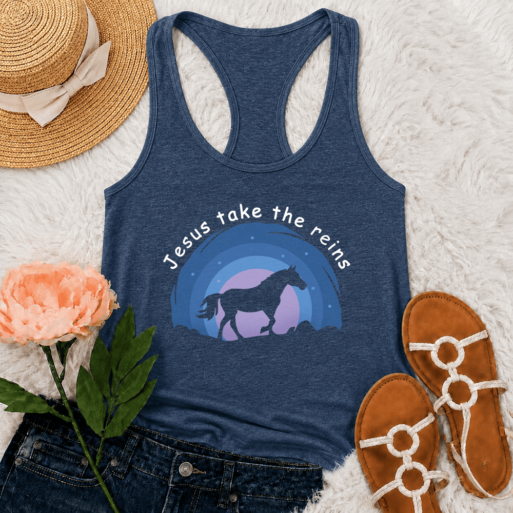 Christianartworkshop Camiseta sin mangas estilo racerback con estampado de vaquera, caballo salvaje y Jesús tomando las riendas. - Azul marino - 2XL - image 15