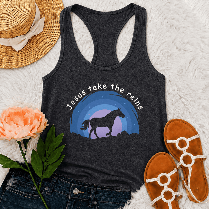 Christianartworkshop Camiseta sin mangas estilo racerback con estampado de vaquera, caballo salvaje y Jesús tomando las riendas. - Gris - 2XL - image 9