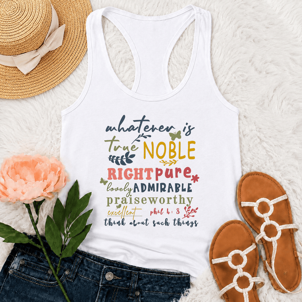 Christianartworkshop Camiseta sin mangas estilo nadador con espalda cruzada y estampado colorido escrito a mano, "Whatever Is True Noble". - Blanco - 2XL - image 0