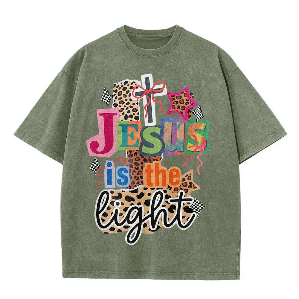 Christianartworkshop Camiseta unisex lavada con estampado de leopardo, arco cruzado y estrella "Jesús es la luz". - image 8