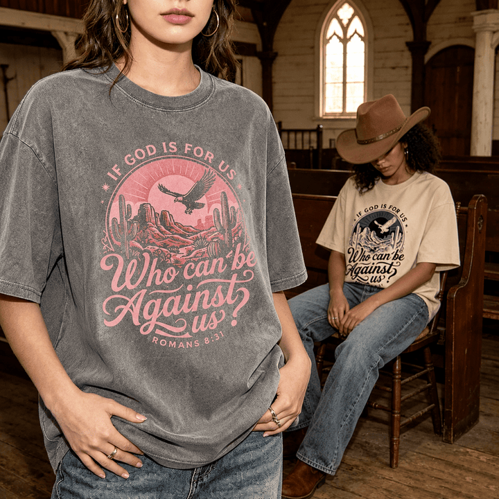 Christianartworkshop Si Dios está con nosotros Desert Eagle Cactus Romanos 8:31 Fe occidental Camiseta unisex lavada - image 0