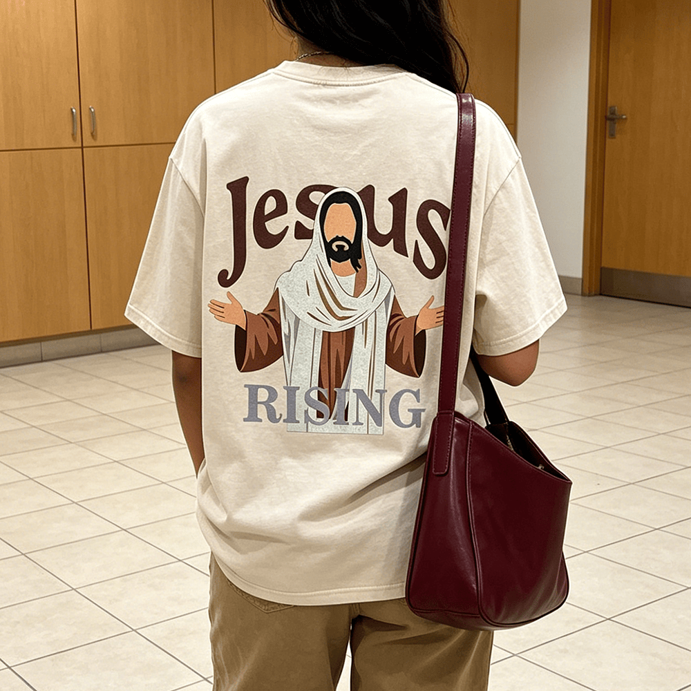 Christianartworkshop Camiseta unisex vintage lavada con estampado de la figura de Cristo y Jesús resucitando con los brazos abiertos. - image 0