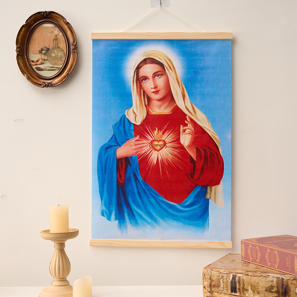 Christianartworkshop Cuadro de pared en lienzo con pergaminos de madera natural del Inmaculado Corazón de María, Jesús y la Sagrada Familia. - Nª Sª - 15,75''*24''/40*60cm - image 0