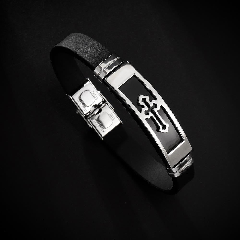 Christianartworkshop Pulsera de silicona con cruz calada y diseño de acero inoxidable: Emblema de la gracia sutil y perdurable. - Negro y plata - image 4