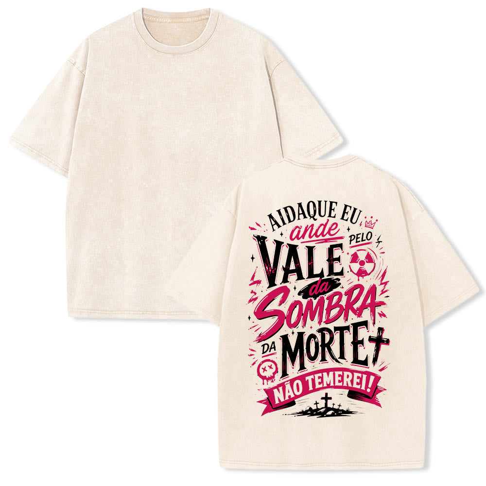 Christianartworkshop Ainda Que Eu Ande Pelo Vale Da Sombra Da Morte Cross Grave Crown Portuguese Faith Back Print Vintage Washed Camiseta unisex - Beige - 5XL - image 1