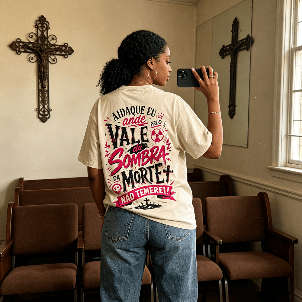 Christianartworkshop Ainda Que Eu Ande Pelo Vale Da Sombra Da Morte Cross Grave Crown Portuguese Faith Back Print Vintage Washed Camiseta unisex - image 0