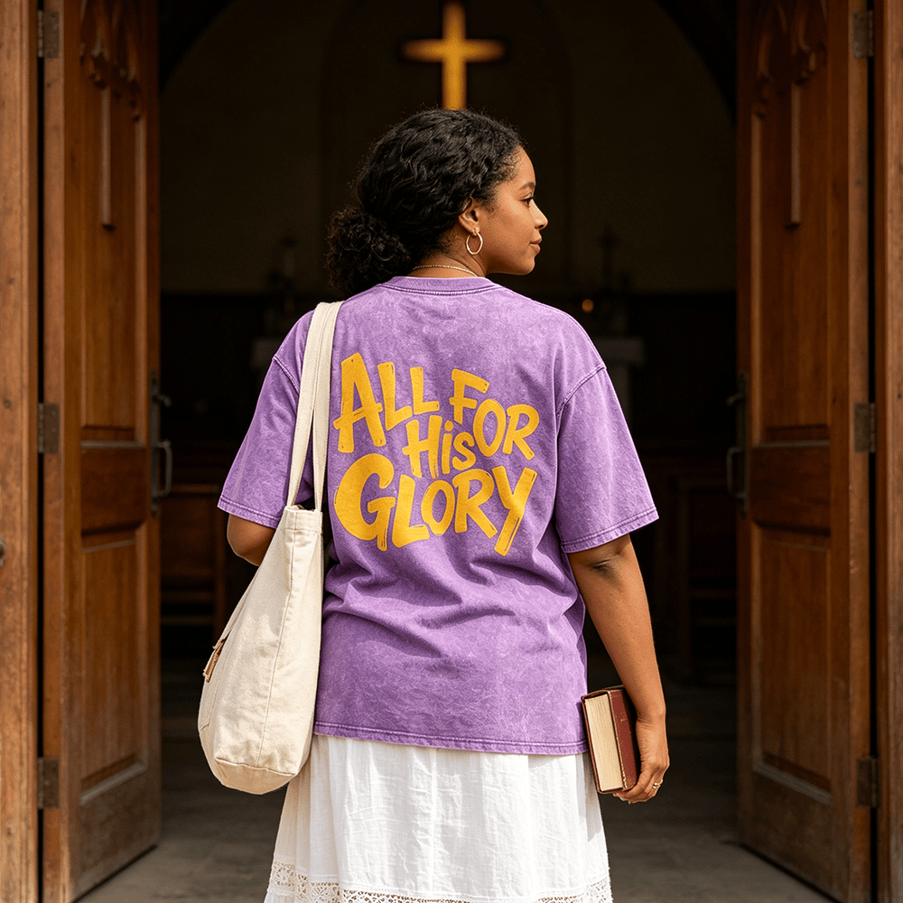 Christianartworkshop Camiseta unisex vintage lavada con estampado en la espalda de fuente de burbujas gruesa dibujada a mano "All For His Glory" (Todo por su gloria) - image 0