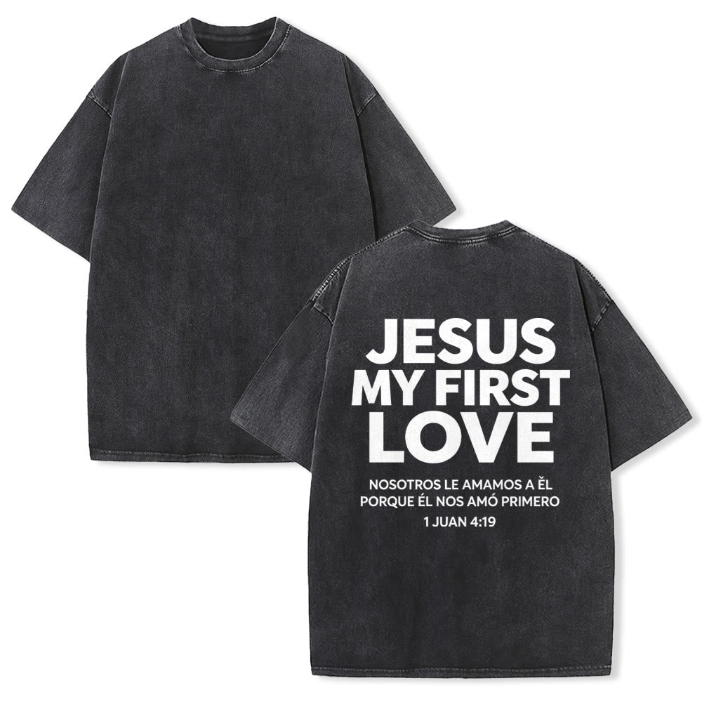 Christianartworkshop Jesús, mi primer amor, versículo 1 de Juan 4:19. Camiseta unisex vintage lavada con estampado en la espalda para parejas. - Negro - 5XL - image 1