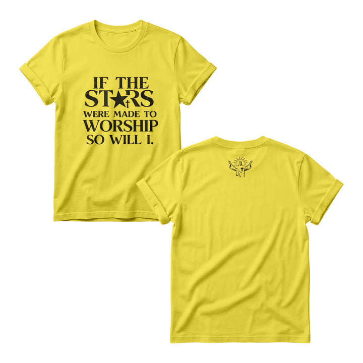Christianartworkshop Si las estrellas fueron hechas para adorar Cruz Estrella Reemplazar Serif Stack Estampado Frontal Cuellos Redondos para Mujer - Amarillo - 4XL - image 3