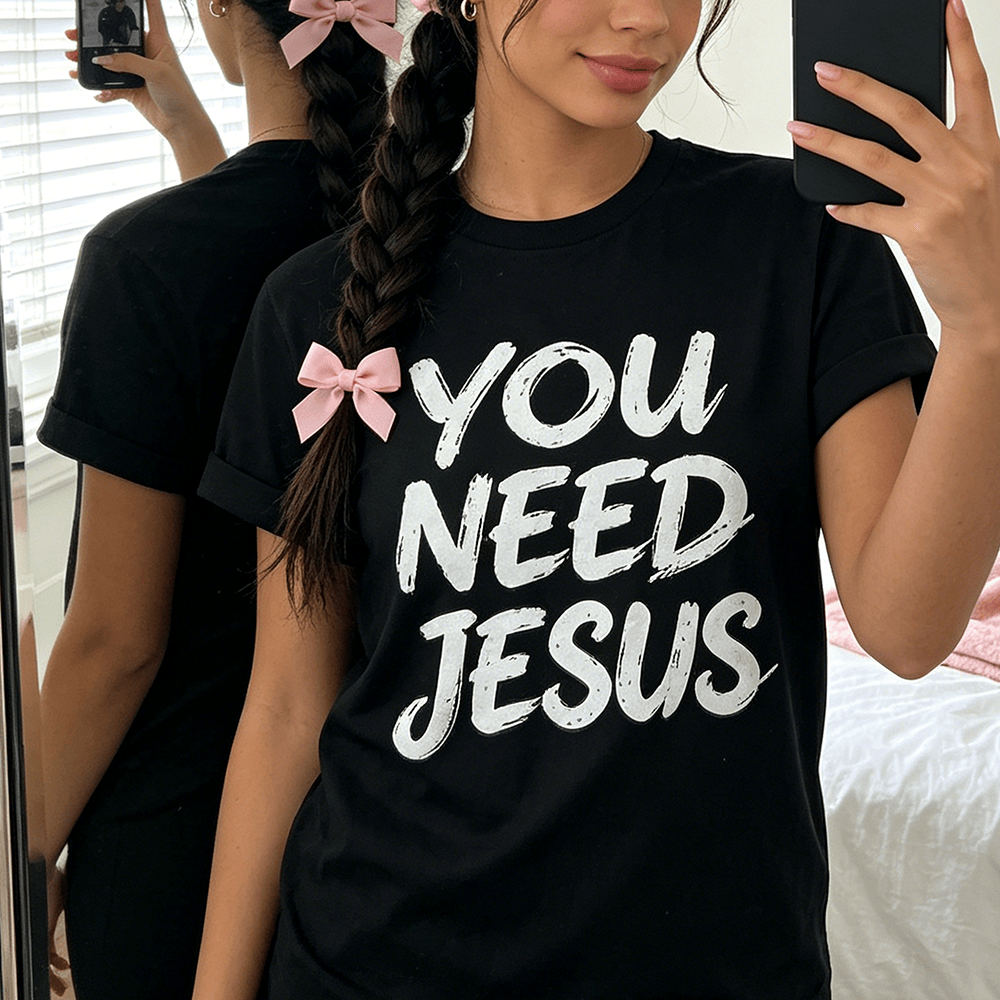 Christianartworkshop Sudadera de cuello redondo para mujer con estampado frontal de "You Need Jesus" y diseño desgastado con pinceladas apiladas. - image 0