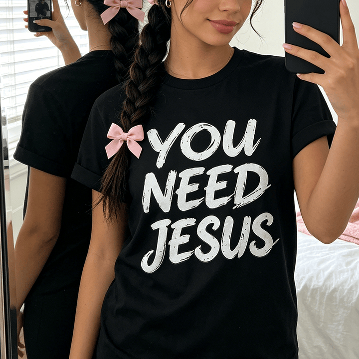 Christianartworkshop Sudadera de cuello redondo para mujer con estampado frontal de "You Need Jesus" y diseño desgastado con pinceladas apiladas. - image 0
