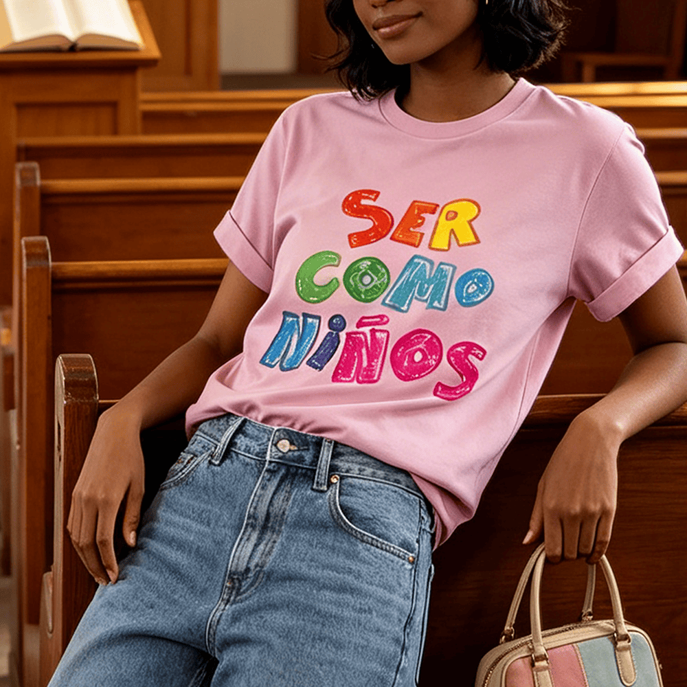 Christianartworkshop Ser Como Niños Multicolor Glossy Bubble Spanish Scripture Print Front Jersey Womens Crewnecks - image 0