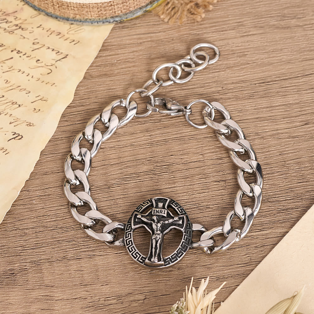 Christianartworkshop Pulsera con cadena gruesa de metal envejecido, diseño de San Judas Tadeo y crucifijo enmarcado. - Crucifijo A - image 0