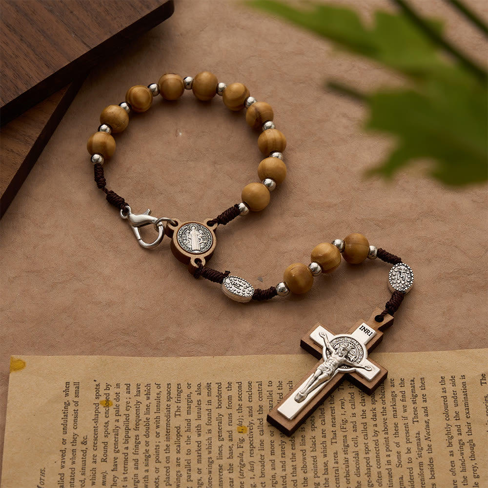 Christianartworkshop Pulsera de rosario con crucifijo de madera de cordón: un elegante símbolo de paz serena y oración. - Crucifijo - image 0