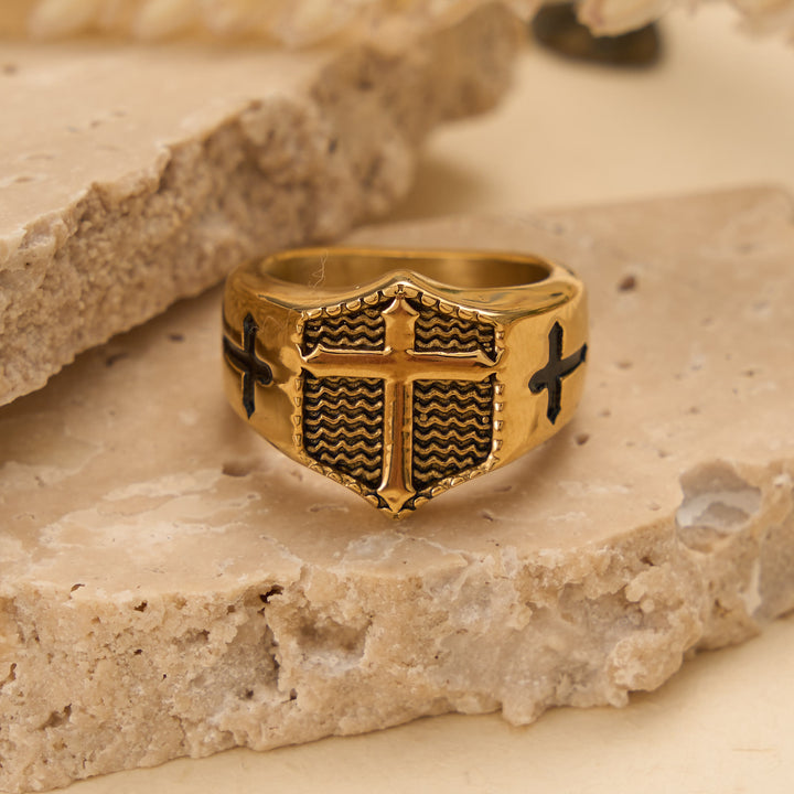 Christianartworkshop Anillo de sello con cruz en relieve y escudo: emblema atemporal de fe sagrada inquebrantable. - Dorado - US 13 - image 7
