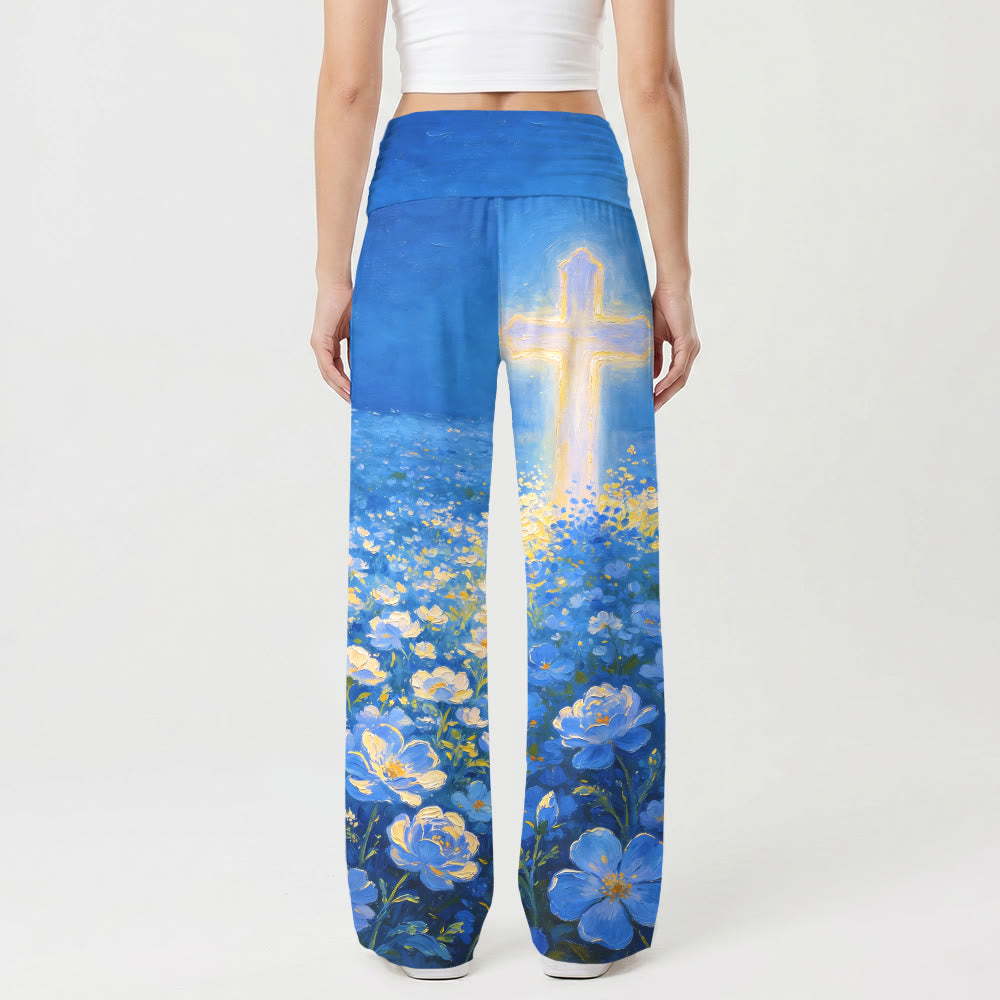 Christianartworkshop Pantalones de mujer Faith de talle alto elásticos con estampado floral de cruz brillante y pierna ancha. - image 2