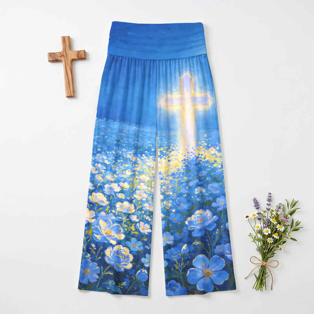 Christianartworkshop Pantalones de mujer Faith de talle alto elásticos con estampado floral de cruz brillante y pierna ancha. - US22, UK/AU26, EU54 (6XL) - image 0