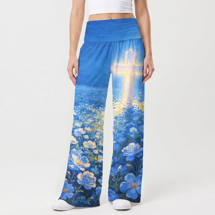 Christianartworkshop Pantalones de mujer Faith de talle alto elásticos con estampado floral de cruz brillante y pierna ancha. - image 1