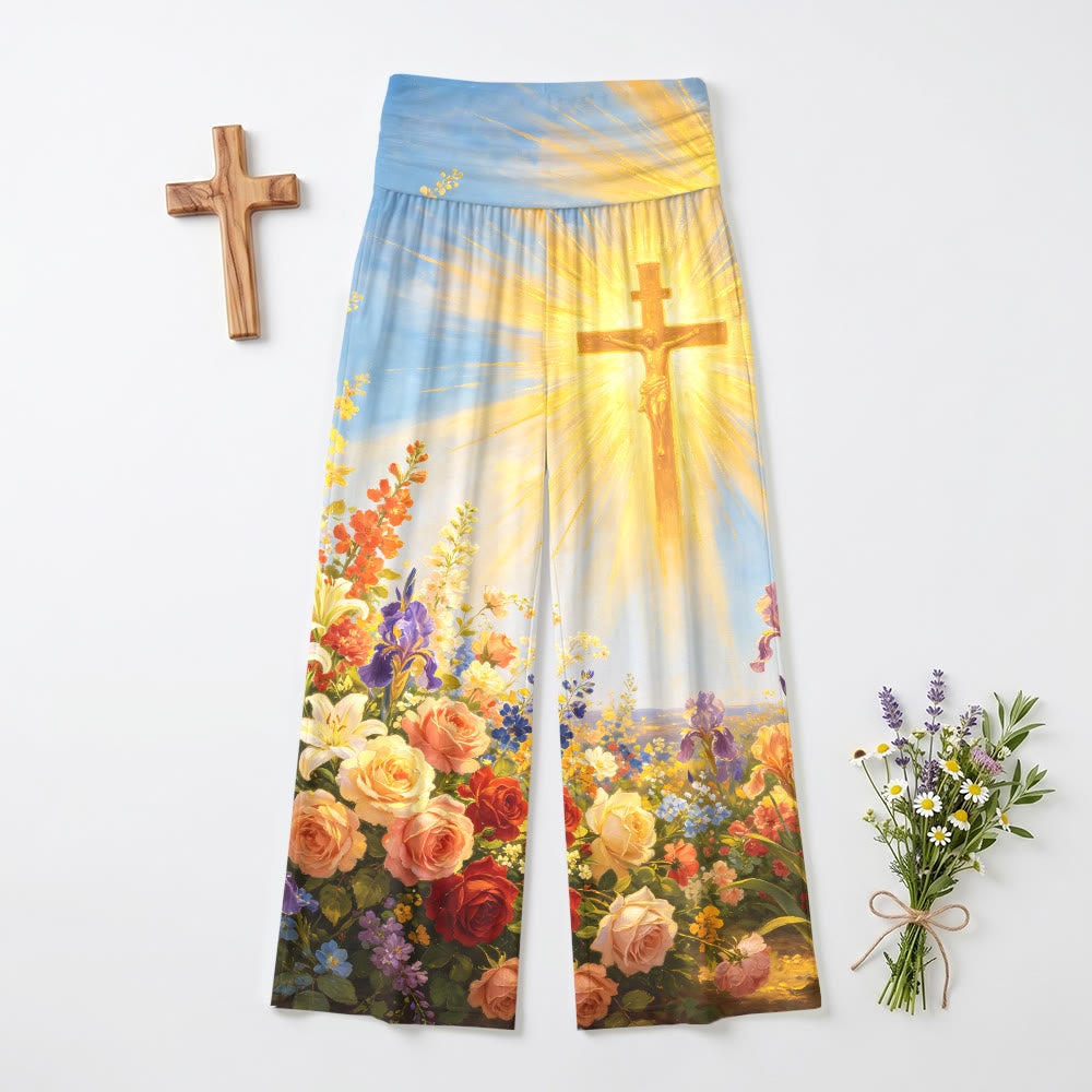 Christianartworkshop Pantalones de mujer de talle alto y pierna ancha con estampado floral vintage de crucifijo radiante y pintura al óleo. - US22,UK/AU26,EU54 (6XL) - image 0