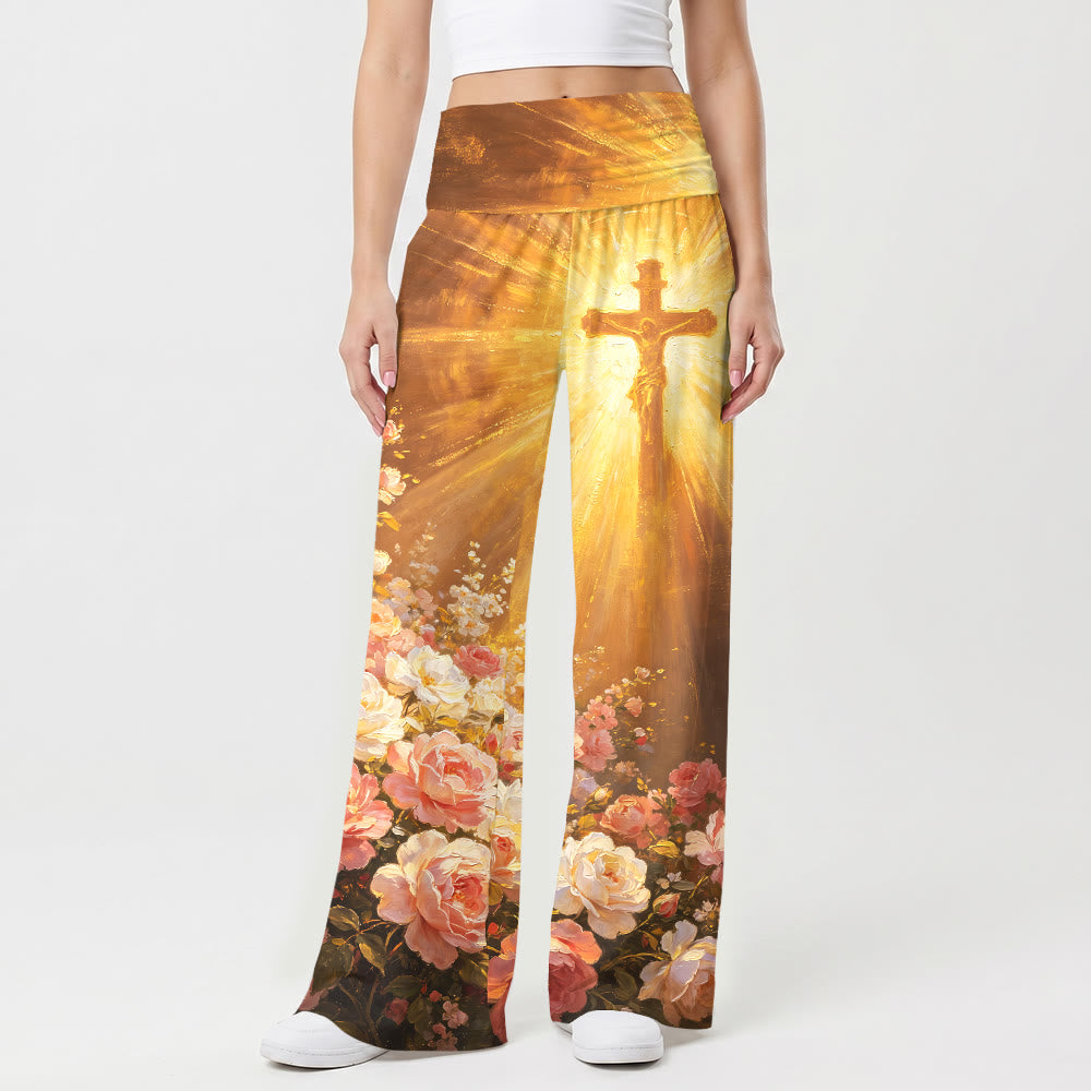 Christianartworkshop Pantalones de mujer de talle alto y pierna ancha con estampado de pintura al óleo vintage "Radiant Crucifix Blush Rose" y diseño de crucifijo radiante. - image 1
