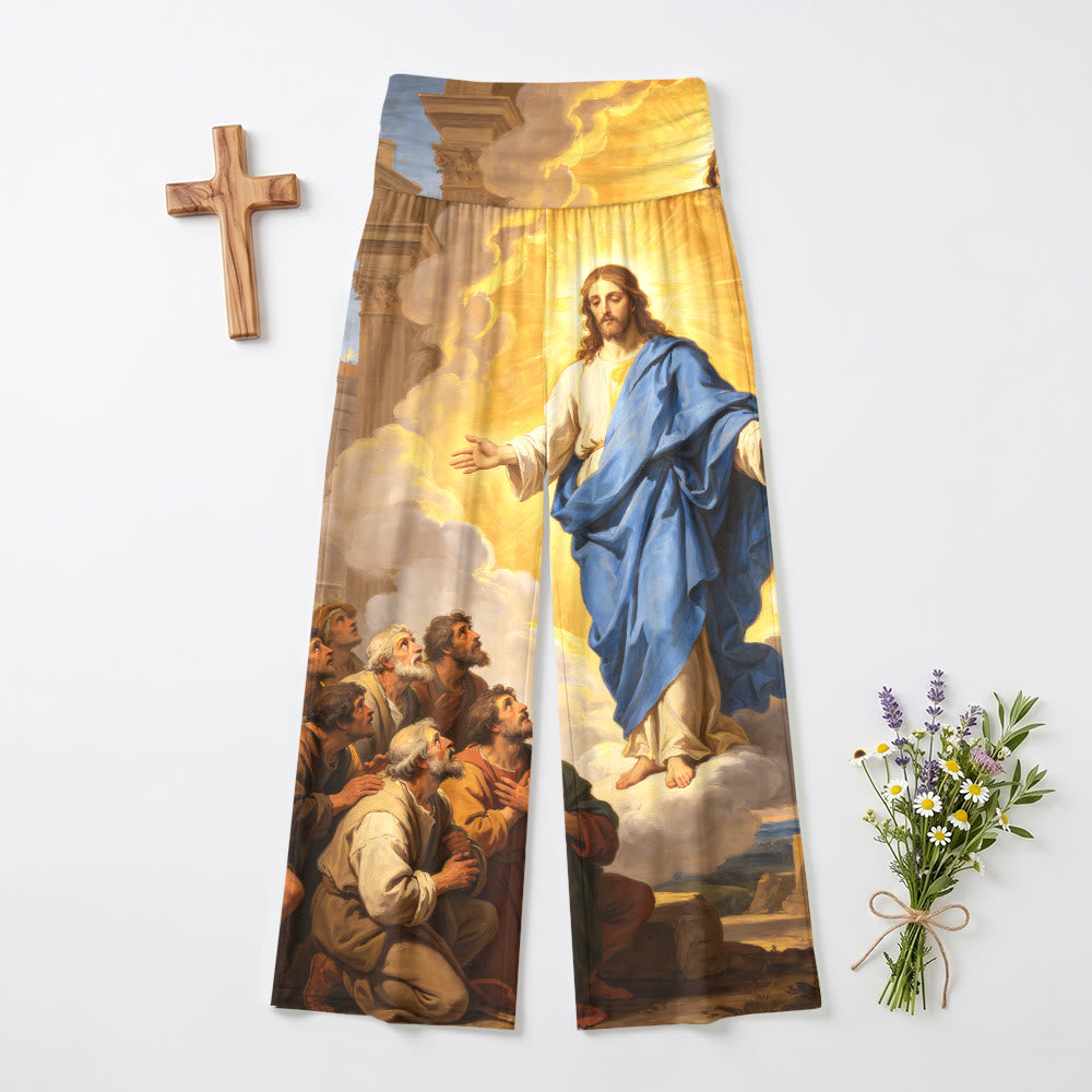 Christianartworkshop Pantalones de mujer de talle alto y pierna ancha con estampado de pintura al óleo clásica vintage "Los discípulos de Jesús ascienden". - US22, UK/AU26, EU54 (6XL) - image 0