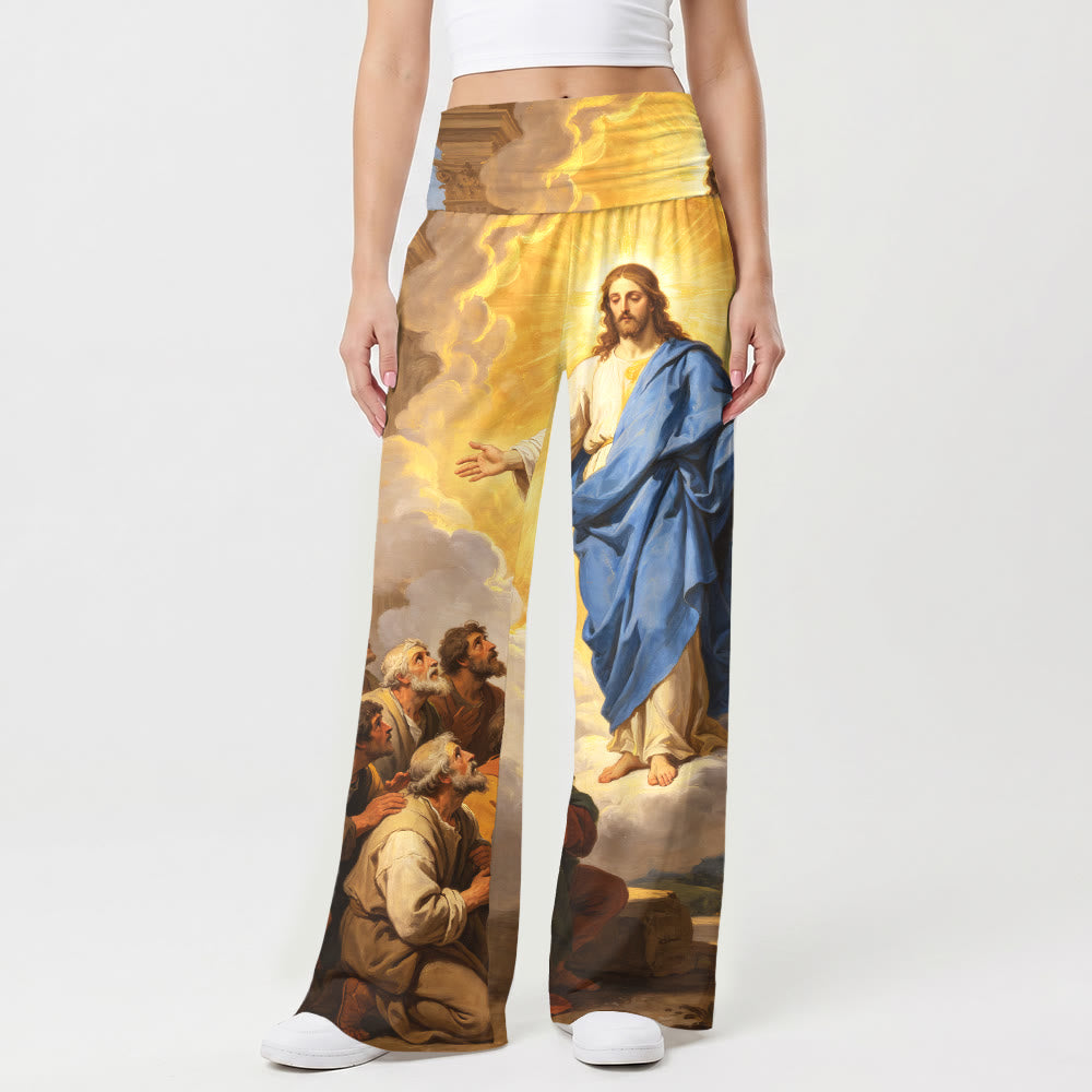 Christianartworkshop Pantalones de mujer de talle alto y pierna ancha con estampado de pintura al óleo clásica vintage "Los discípulos de Jesús ascienden". - image 1