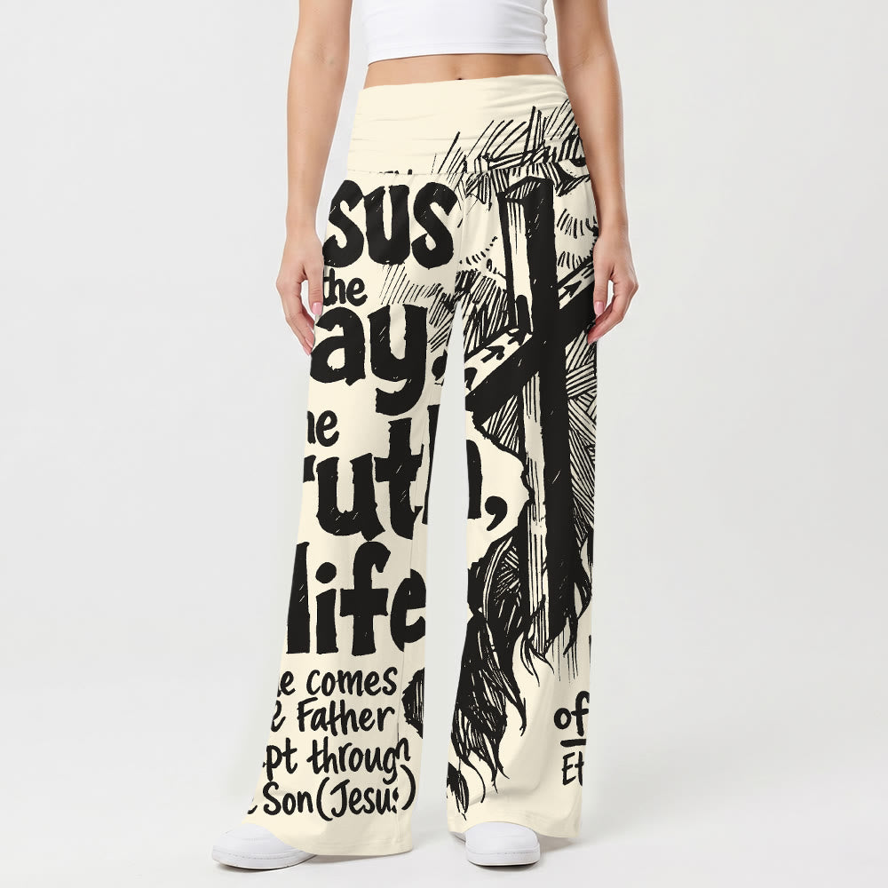 Christianartworkshop Jesús El Camino Verdad Vida Cruz grabada en madera Escritura Texto en negrita Impresión completa Pantalones de mujer de pierna ancha elásticos de cintura alta - image 1