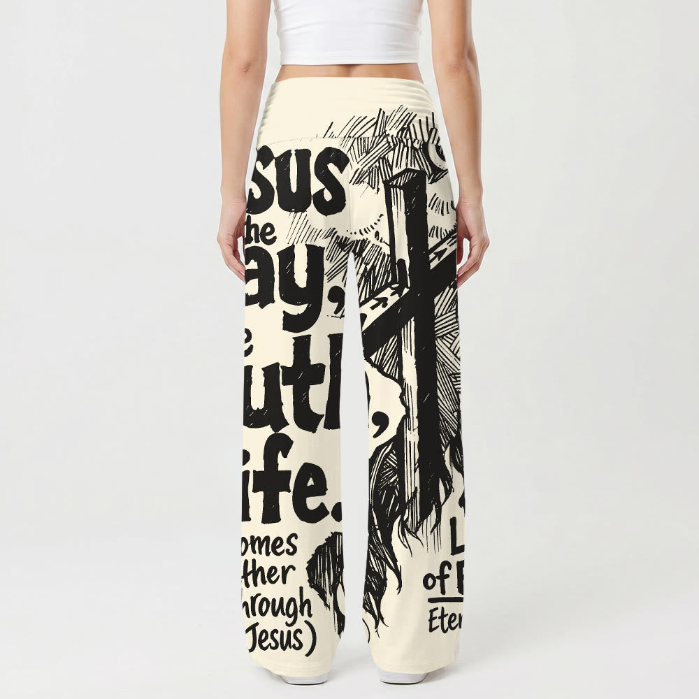 Christianartworkshop Jesús El Camino Verdad Vida Cruz grabada en madera Escritura Texto en negrita Impresión completa Pantalones de mujer de pierna ancha elásticos de cintura alta - image 2