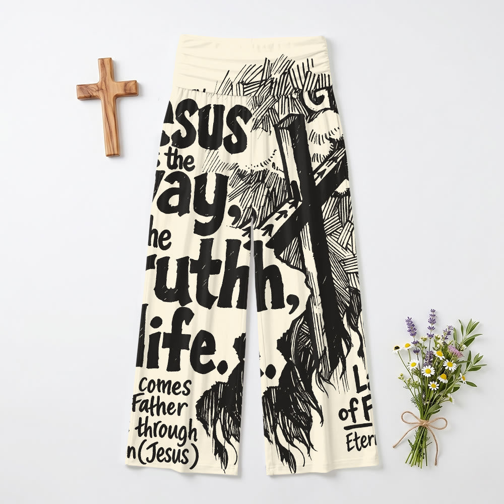 Christianartworkshop Jesús El Camino Verdad Vida Cruz grabada en madera Escritura Texto en negrita Impresión completa Pantalones de mujer de pierna ancha elásticos de cintura alta - US22, UK/AU26, EU54 (6XL) - image 0