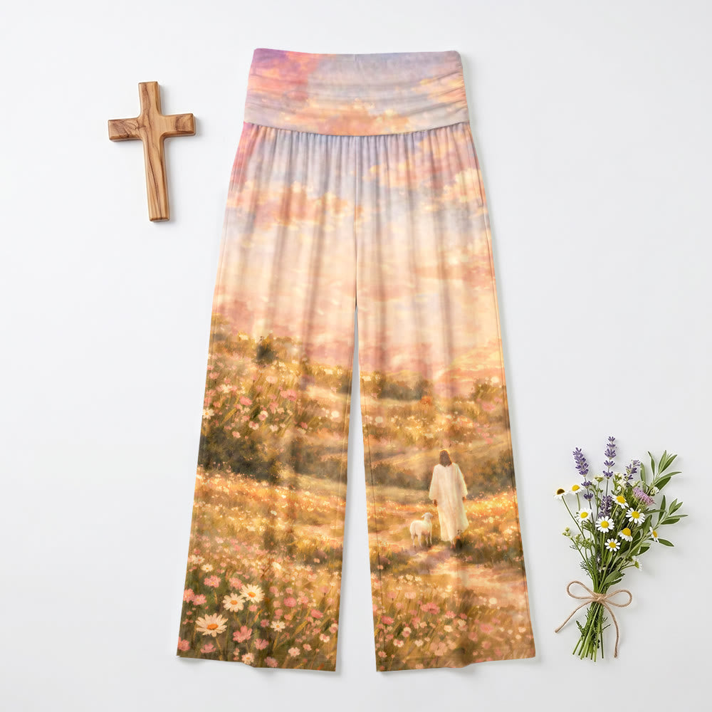 Christianartworkshop Pantalones de mujer de talle alto elásticos con pernera ancha y estampado de flores silvestres en tonos pastel de puesta de sol y colinas. - US22, UK/AU26, EU54 (6XL) - image 0