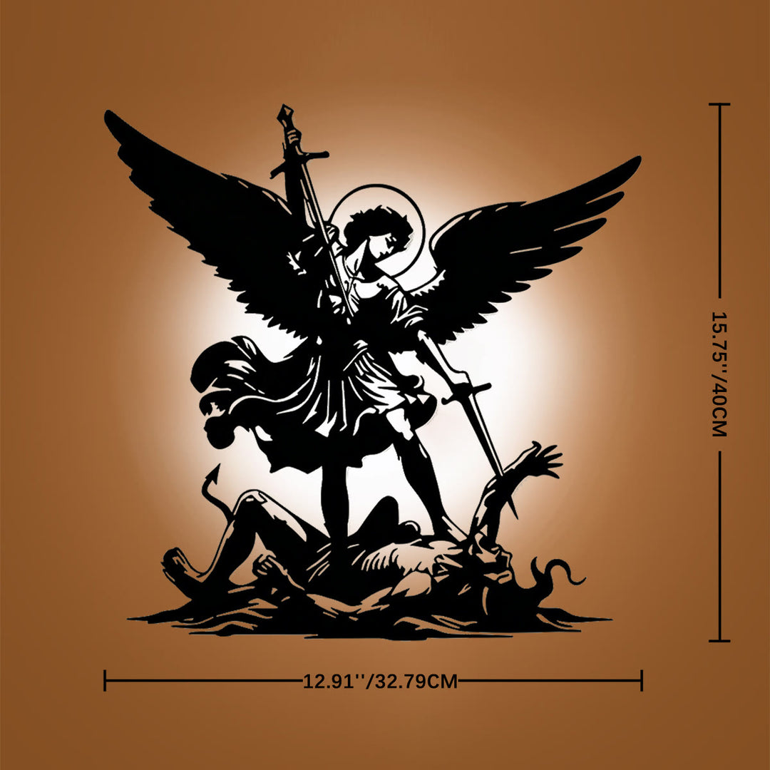 Christianartworkshop Decoración de pared metálica con silueta del Arcángel San Miguel derrotando al mal: emblema atemporal de la sagrada victoria espiritual. - 15,75''*12,91''*0,04''/40cm*32,79cm*0,1cm - image 5