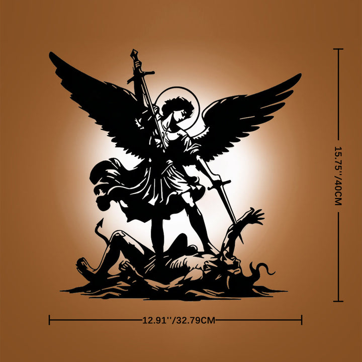 Christianartworkshop Decoración de pared metálica con silueta del Arcángel San Miguel derrotando al mal: emblema atemporal de la sagrada victoria espiritual. - 15,75''*12,91''*0,04''/40cm*32,79cm*0,1cm - image 5