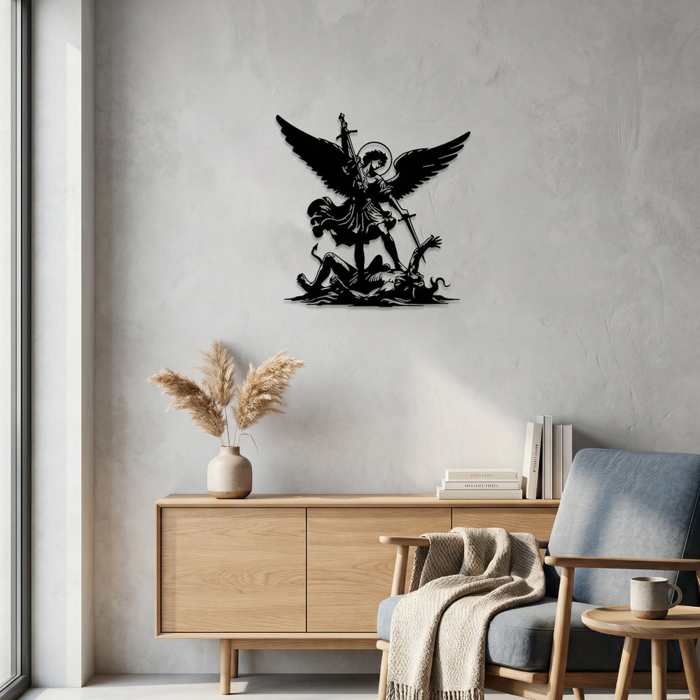 Christianartworkshop Decoración de pared metálica con silueta del Arcángel San Miguel derrotando al mal: emblema atemporal de la sagrada victoria espiritual. - image 1
