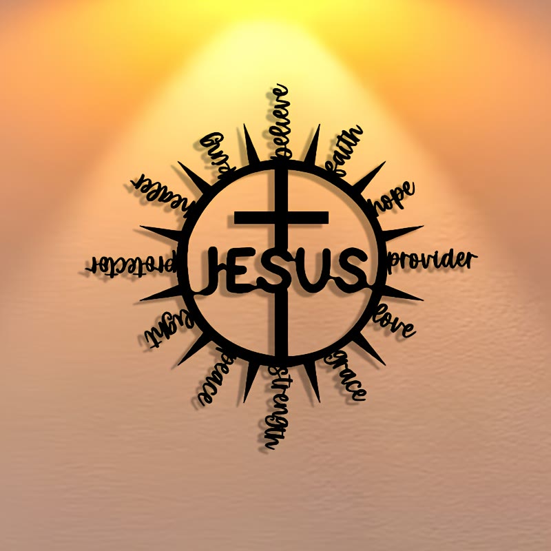 Christianartworkshop Marco con diseño de rayos de sol y la palabra "JESÚS" en forma de cruz, decoración de pared de metal: un elegante símbolo de la misericordia celestial multifacética. - image 0