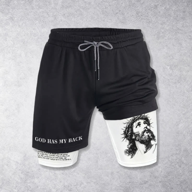 Christianartworkshop Dios me respalda Corona de espinas Jesús boceto Doble estampado Cordón Pantalones cortos de fe superpuestos - image 1
