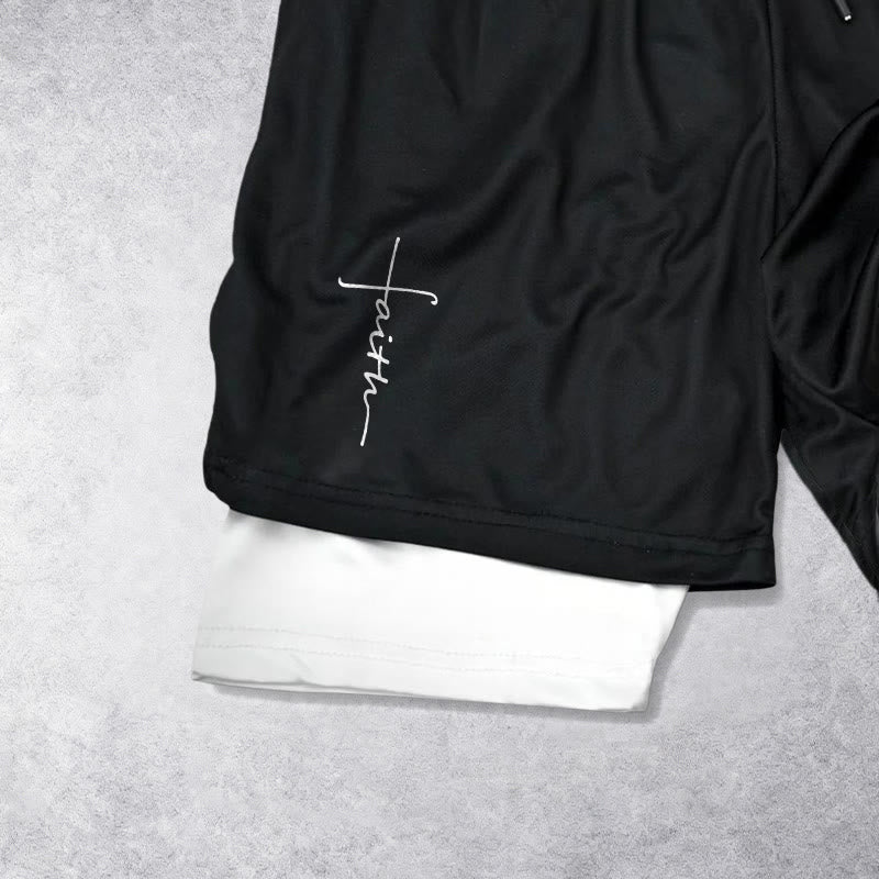 Christianartworkshop Pantalones cortos deportivos de doble capa con cordón ajustable y diseño integrado de cruz de Faith en cursiva. - image 2