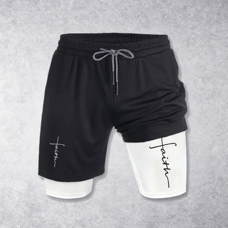 Christianartworkshop Pantalones cortos deportivos de doble capa con cordón ajustable y diseño integrado de cruz de Faith en cursiva. - image 1