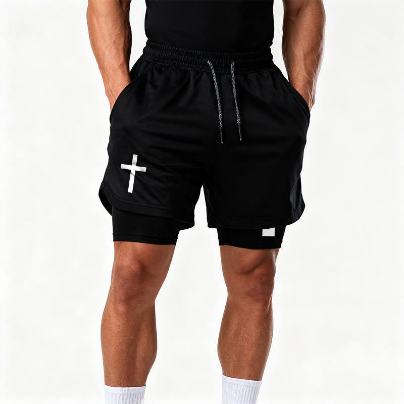 Christianartworkshop Pantalones cortos deportivos de dos capas con doble símbolo de cruz diferente. - image 16