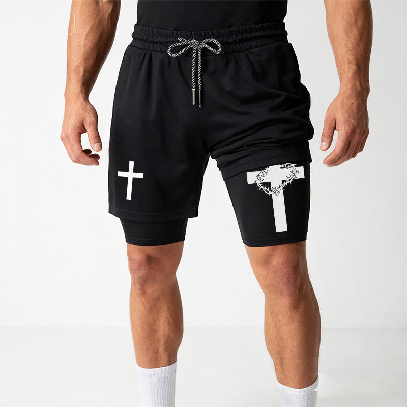 Christianartworkshop Pantalones cortos deportivos de dos capas con doble símbolo de cruz diferente. - image 17